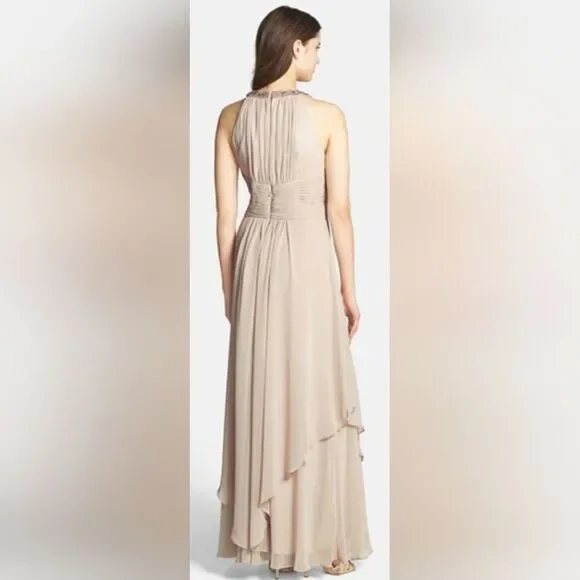 Eliza J Embellished Tiered Chiffon Halter Gown Dress NWT Sz 10 Champagne